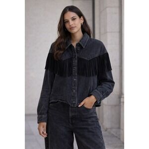 Zara fringe western inspired denim black jacket, Size S